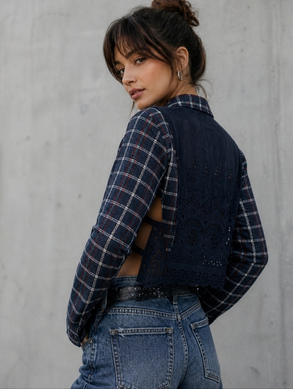 Sea Plaid Eyelet Button Down Shirt